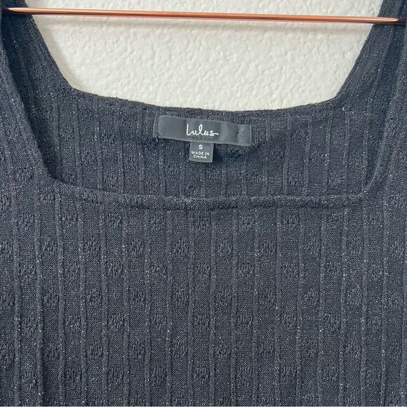 Lulus ribbed knit bodysuit black sparkle metallic square neck long sleeve thong - Picture 3 of 5